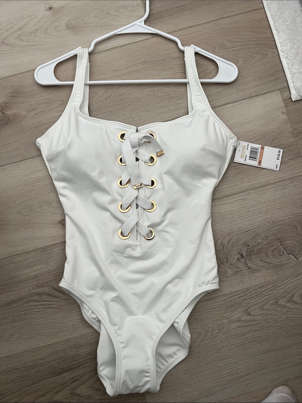 Michael Kors White Lace-Up Swimsuit with Gold Accents size 12 NWT NEW